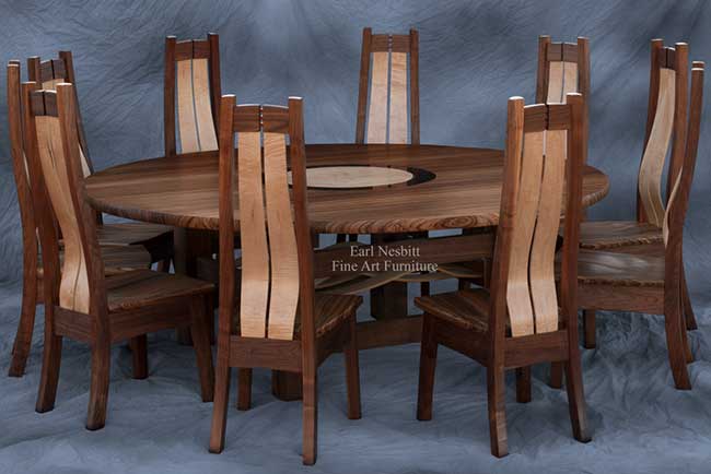 custom made round dining table showing all ten chairs